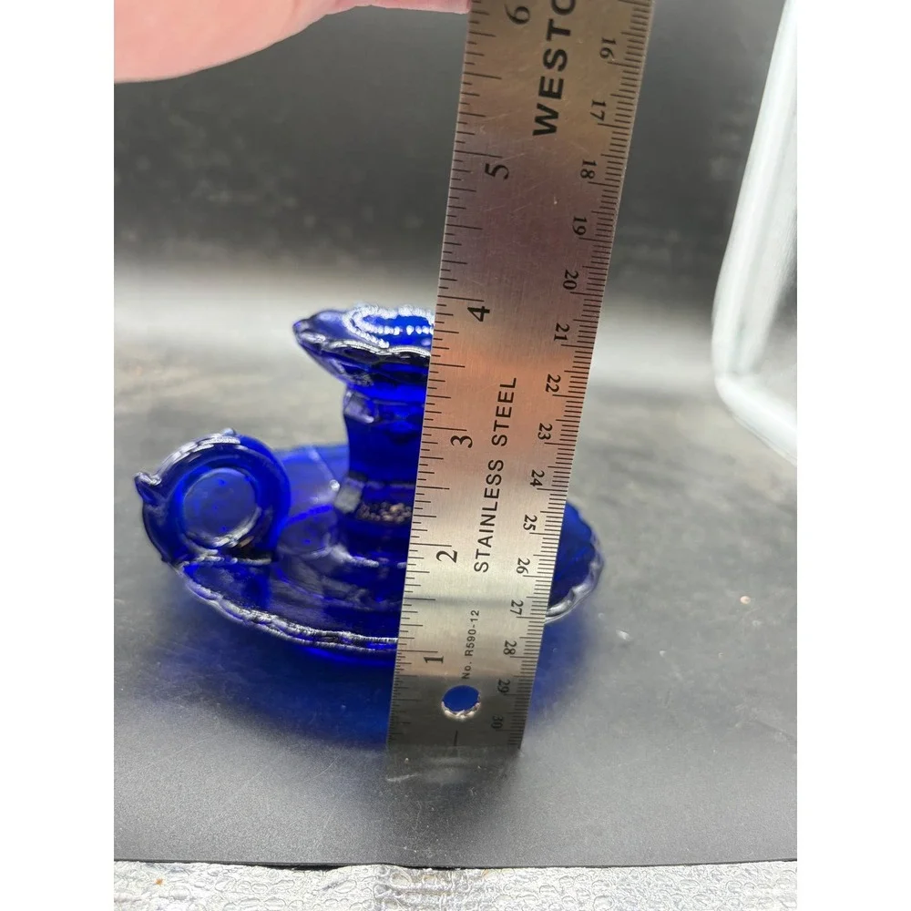 Vintage Cobalt Blue Glass Chamberstick Candle Holder Scalloped Finger Loop 3.5in